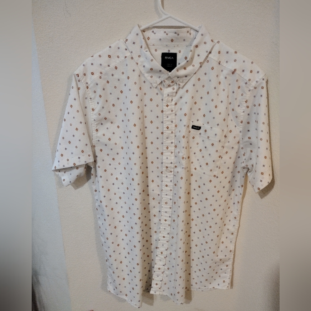 RVCA Men's White and Brown Patterned Short Sleeve Shirt, Sz LG, NWOT - Picture 1 of 2